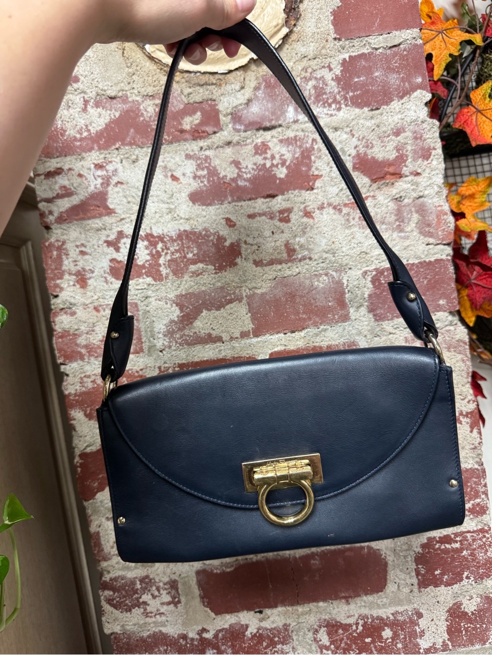 Y2K Vintage Salvatore Ferragamo Dark Navy Leather Shoulder Bag